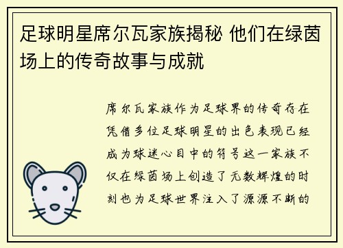 足球明星席尔瓦家族揭秘 他们在绿茵场上的传奇故事与成就