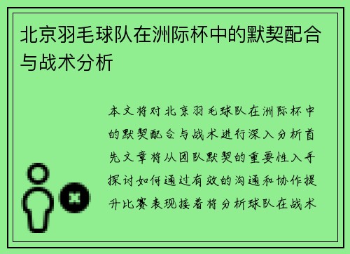 北京羽毛球队在洲际杯中的默契配合与战术分析