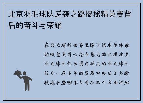 北京羽毛球队逆袭之路揭秘精英赛背后的奋斗与荣耀